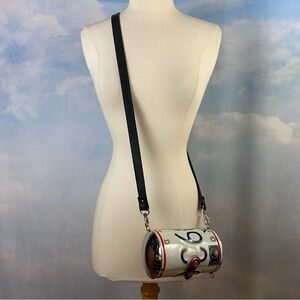 Unique White Barrel New York State License Plate Crossbody Bag with Black Strap